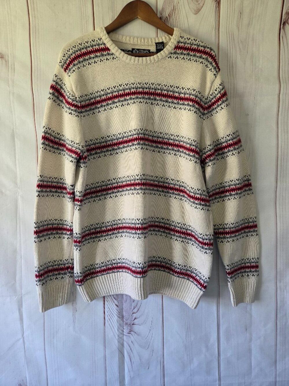 Chaps Cotton/Wool Blend Heavy Knit Sweater, Men’s L. Cream/Red/Black, Fair Isle